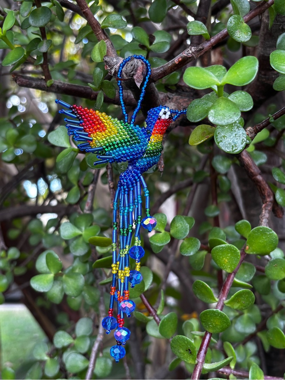 Handmade Beaded Rainbow Hummingbird Ornament - Blue Multicolor